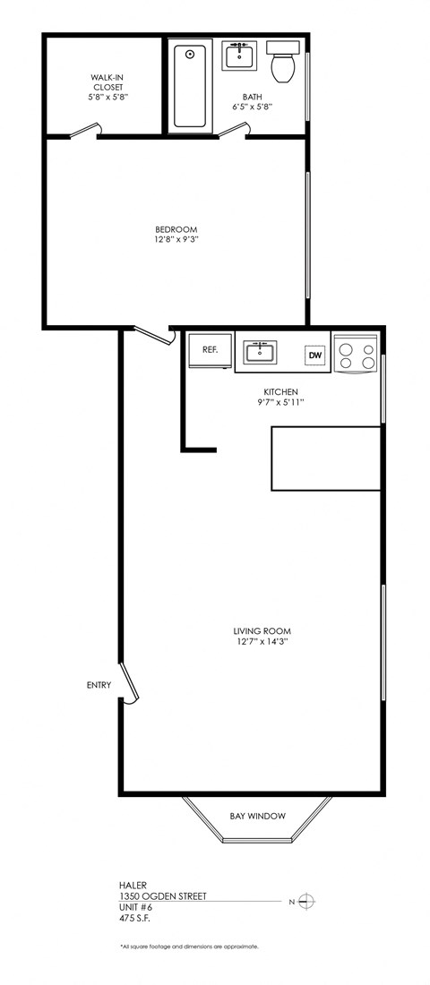Floor plan for 1 bed, 1 bath, 485 sqft